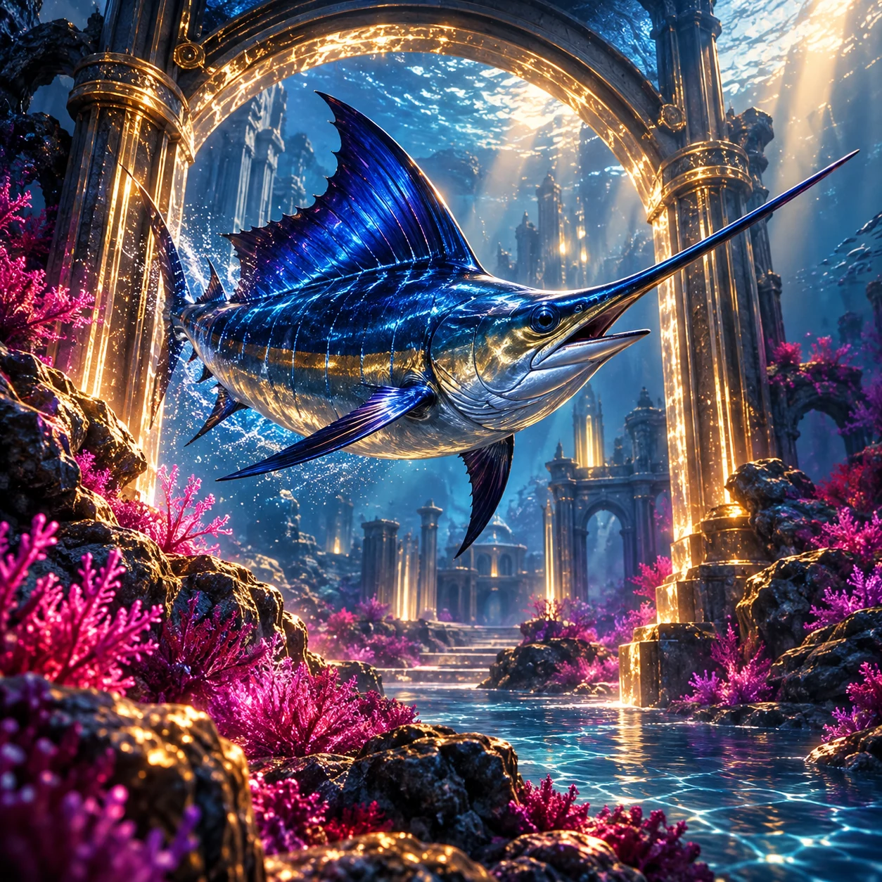 Marlin swimming through an underwater architectural portal