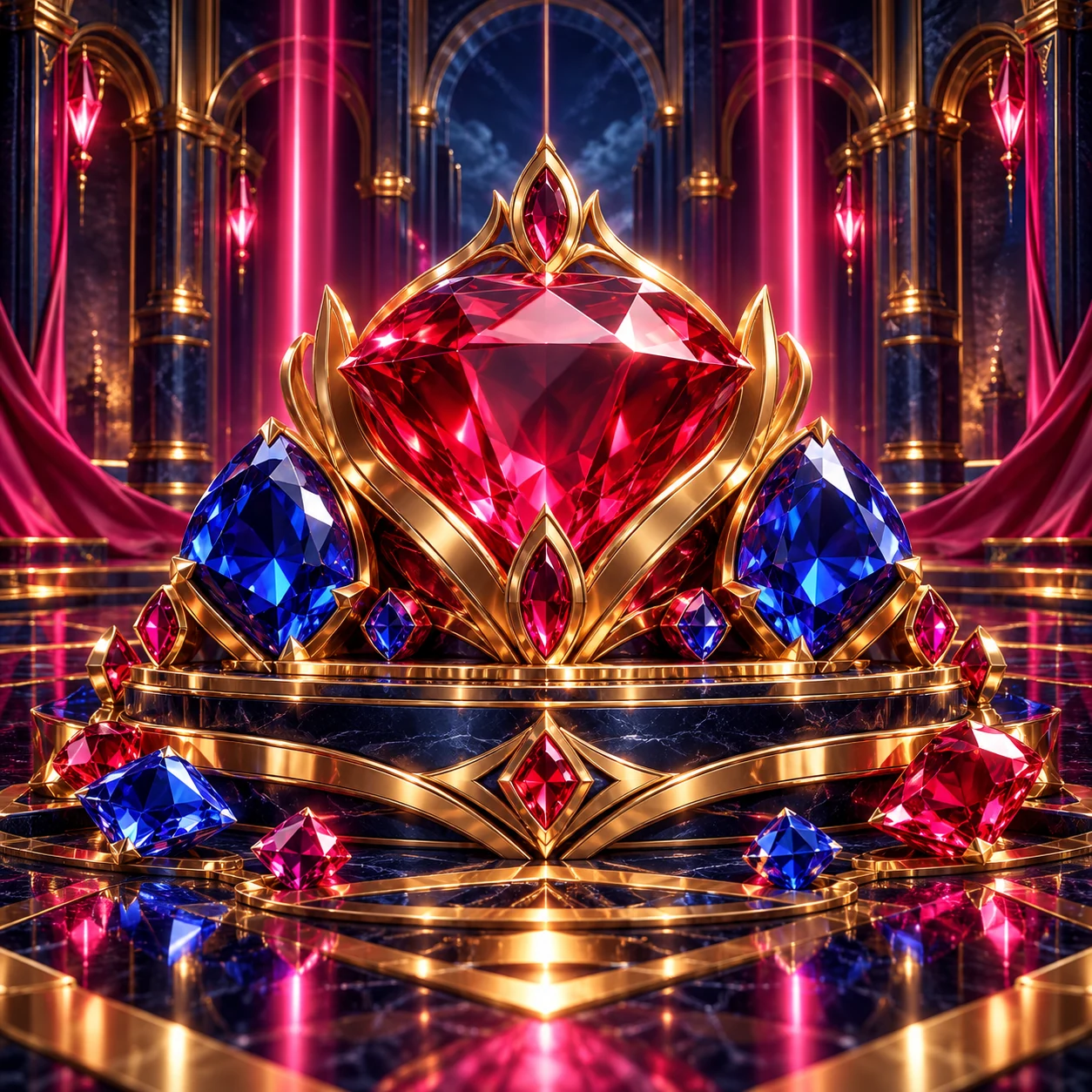 Jewel tableau with ruby, sapphire and gold frames
